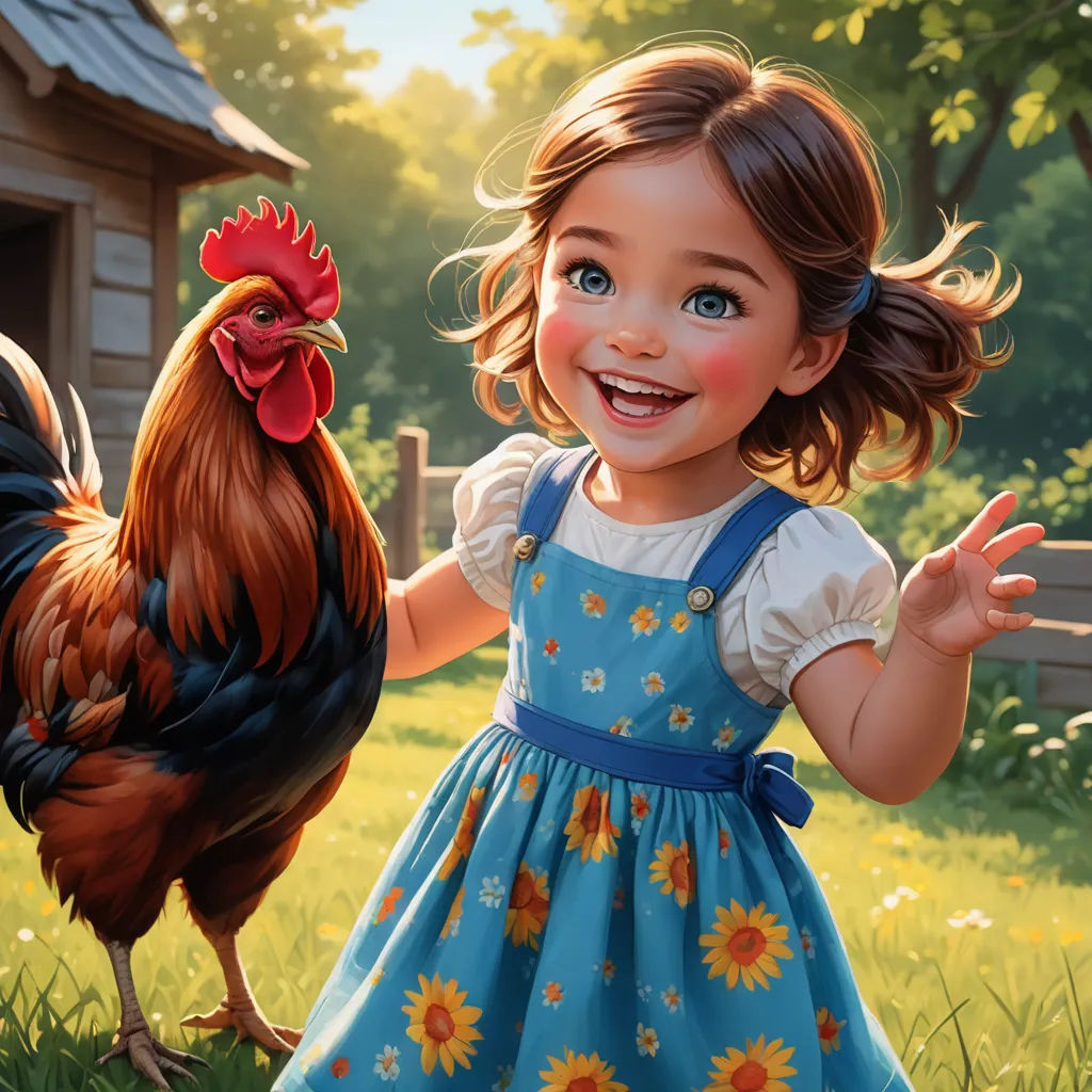 a little girl standing next to a chicken in a field of grass and flowers, with a chicken in the background, photorealism, a storybook illustration, Alejandro Burdisio, trending on art station