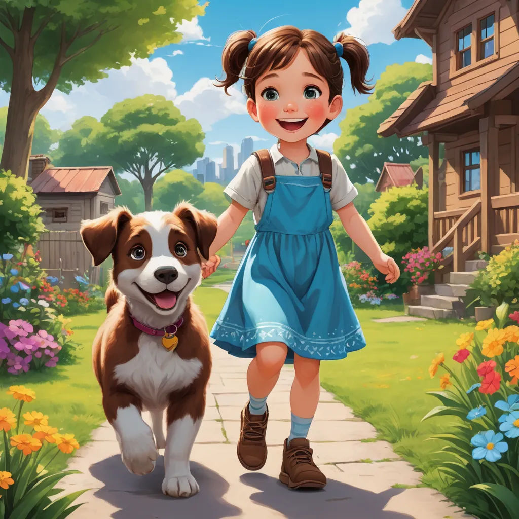 a little girl walking with a dog in a park with flowers and a house in the background, in a digital painting, american scene painting, a storybook illustration, Charles Schulz, official art
