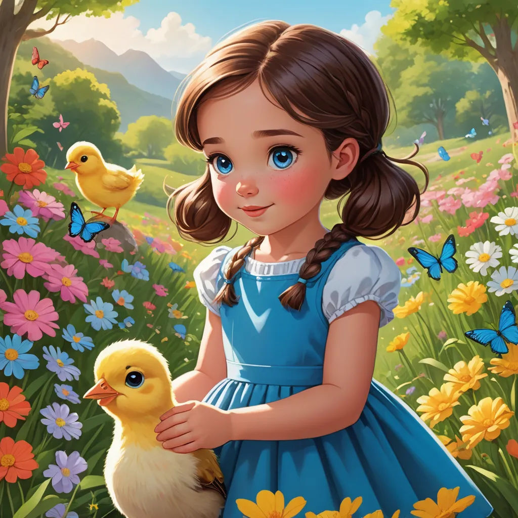 a little girl holding a duck in a field of flowers and butterflies with a yellow duck in her hand, fantasy art, a storybook illustration, Alice Prin, rossdraws global illumination