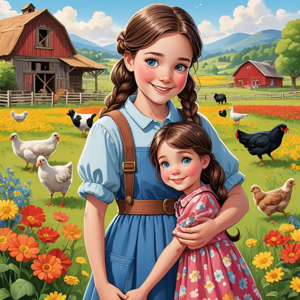 a painting of a girl hugging a girl in a field of flowers and chickens with a barn in the background, american scene painting, a storybook illustration, Anne Said, official art