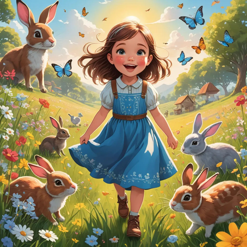 a little girl standing in a field with rabbits and a butterfly flying overhead in the sky above her is a field of flowers and grass with a house and butterflies, magical realism, a storybook illustration, Alice Prin, rossdraws global illumination