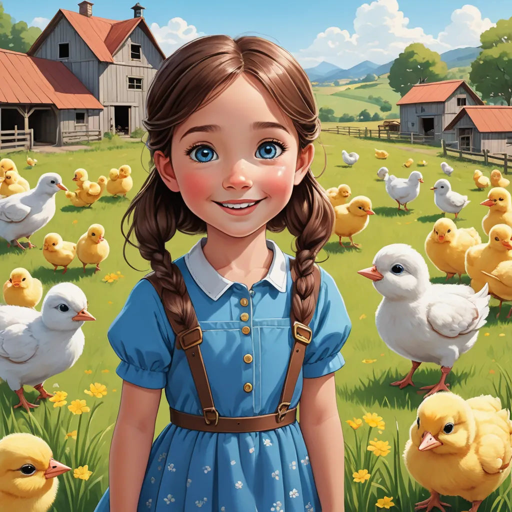 a girl in a blue dress standing in a field with chickens and a barn in the background with a red roof, context art, a storybook illustration, Clarice Beckett, cgstudio