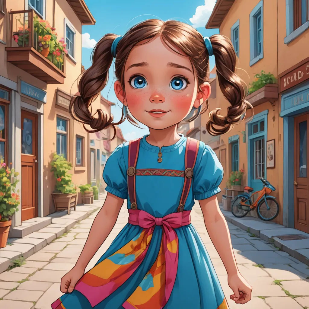 a cartoon girl in a blue dress is walking down a street with a bicycle in the background and a building with a balcony, magical realism, a storybook illustration, Claire Falkenstein, storybook illustration