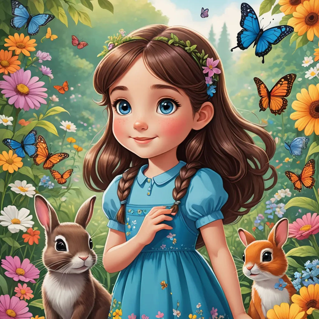 a girl in a blue dress standing next to a rabbit and a butterfly in a field of flowers and butterflies, pop surrealism, a storybook illustration, Alice Prin, kinkade