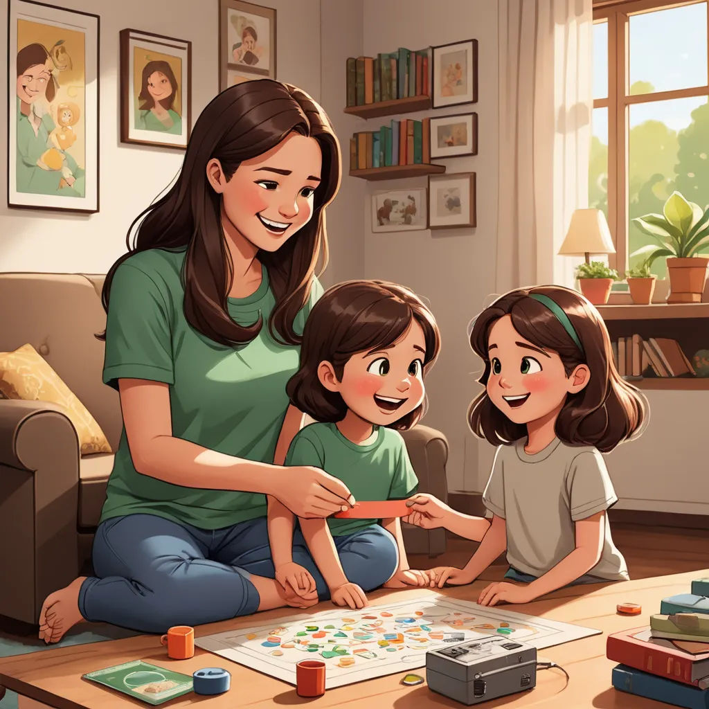 a woman and two children playing a game on the floor in a living room with a couch and a coffee table, lyco art, a storybook illustration, artist, game art
