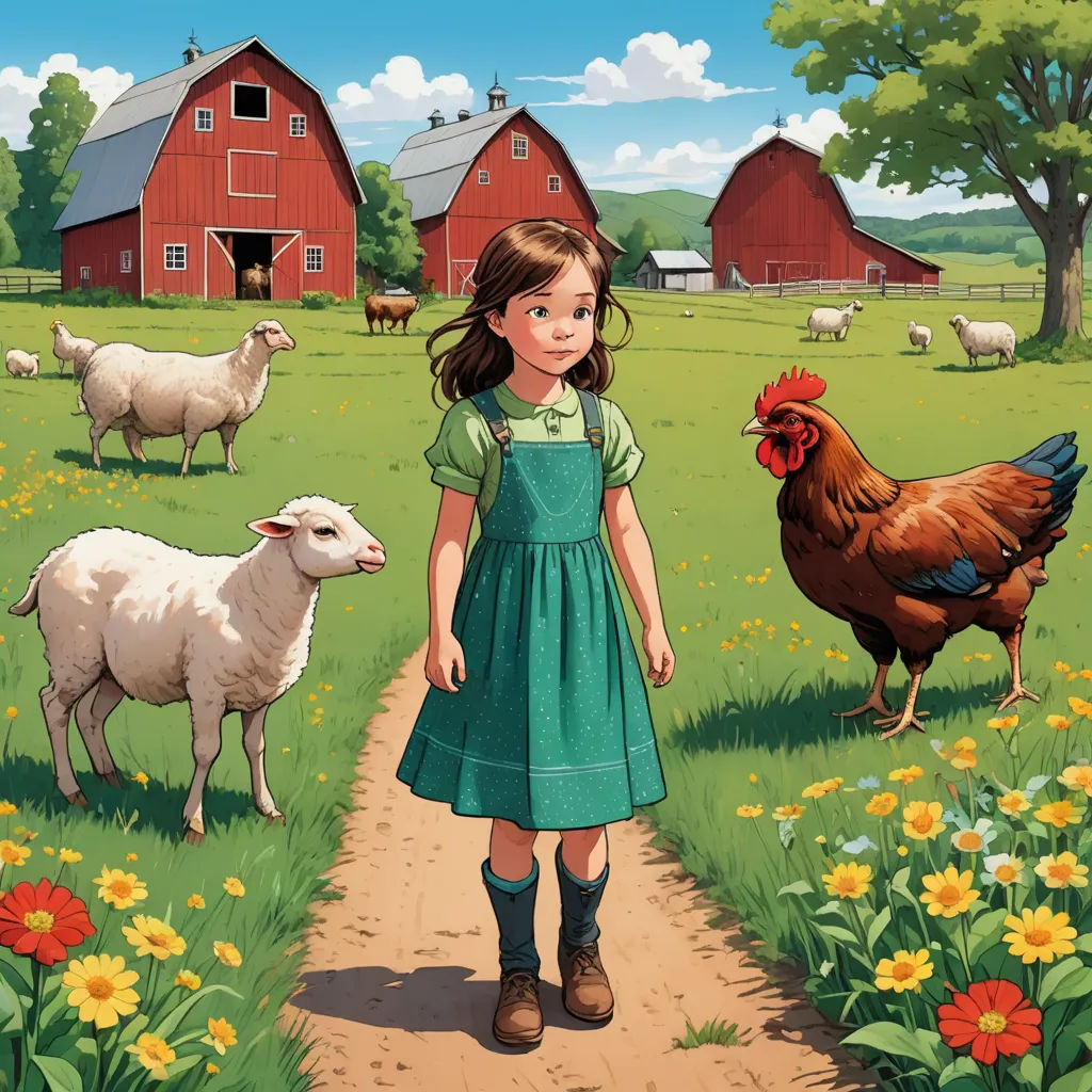 a girl in a green dress standing in a field with a rooster and sheep in the background, and a barn and a red barn, american scene painting, a storybook illustration, Bob Byerley, storybook illustration