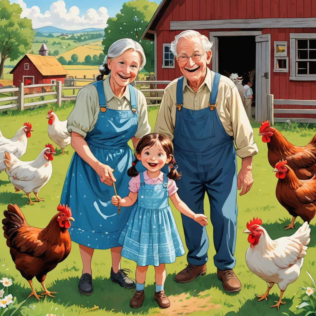a painting of a man and a woman with a child standing in front of chickens in a field with a barn in the background, american scene painting, a storybook illustration, Bob Byerley, storybook illustration