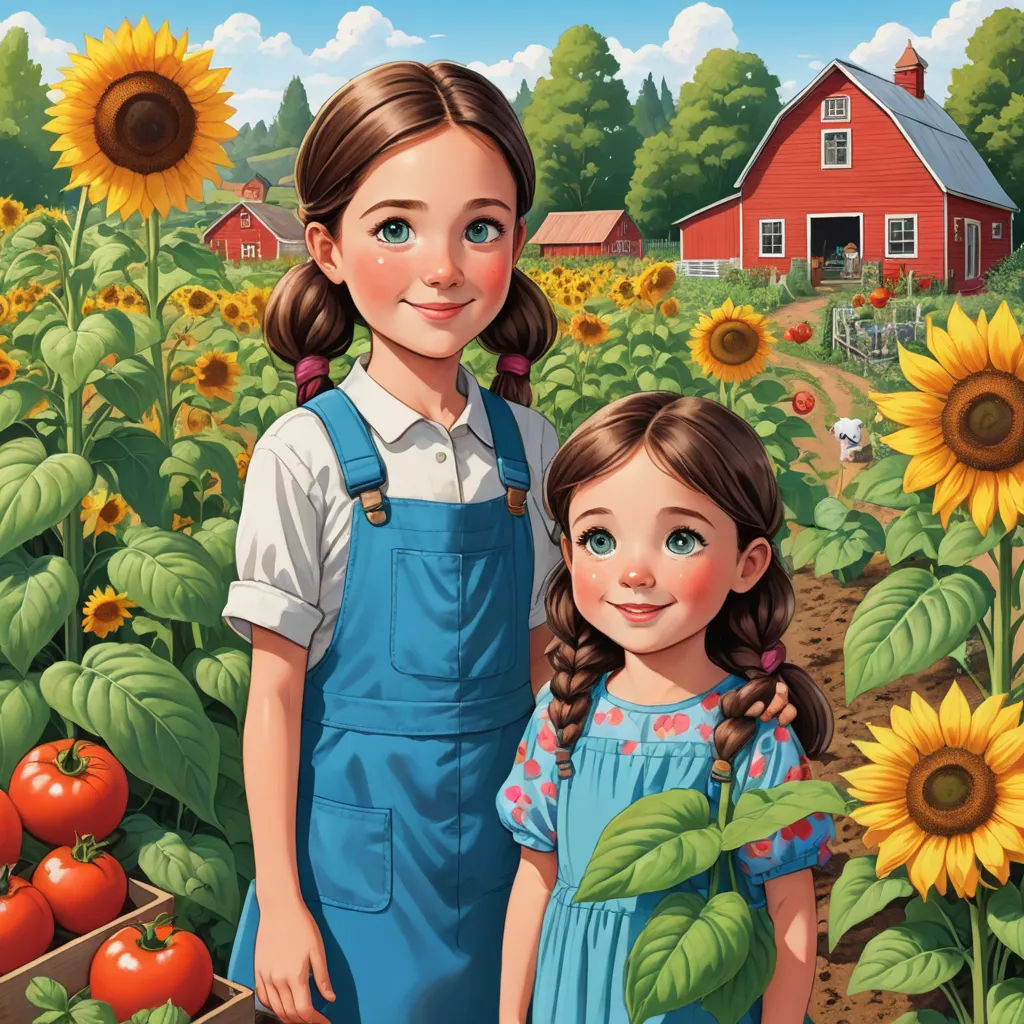 a painting of two girls standing in a sunflower field with a farm in the background and a red barn in the background, american impressionism, a storybook illustration, Bob Byerley, official art