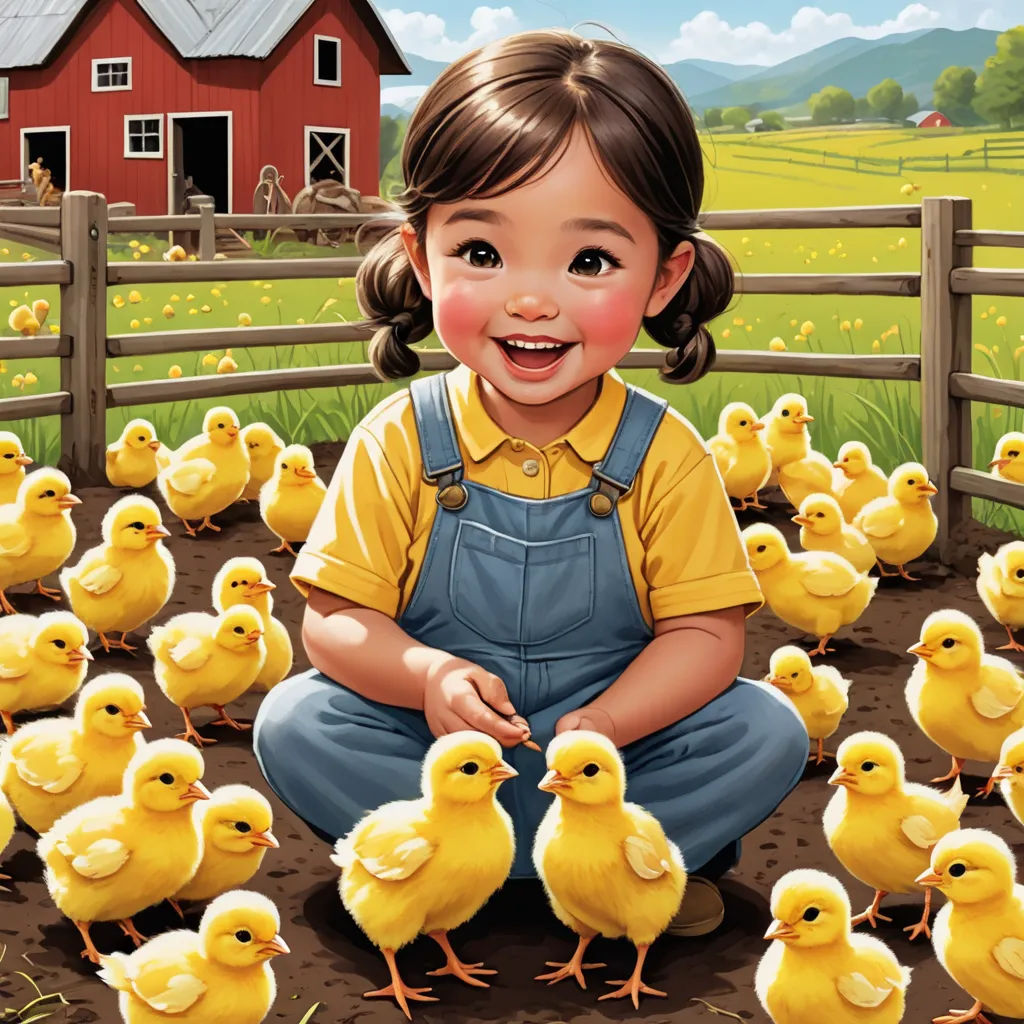 a little girl sitting in a field with a bunch of chickens in front of her and a barn in the background, context art, a storybook illustration, Evaline Ness, highly detailed digital painting