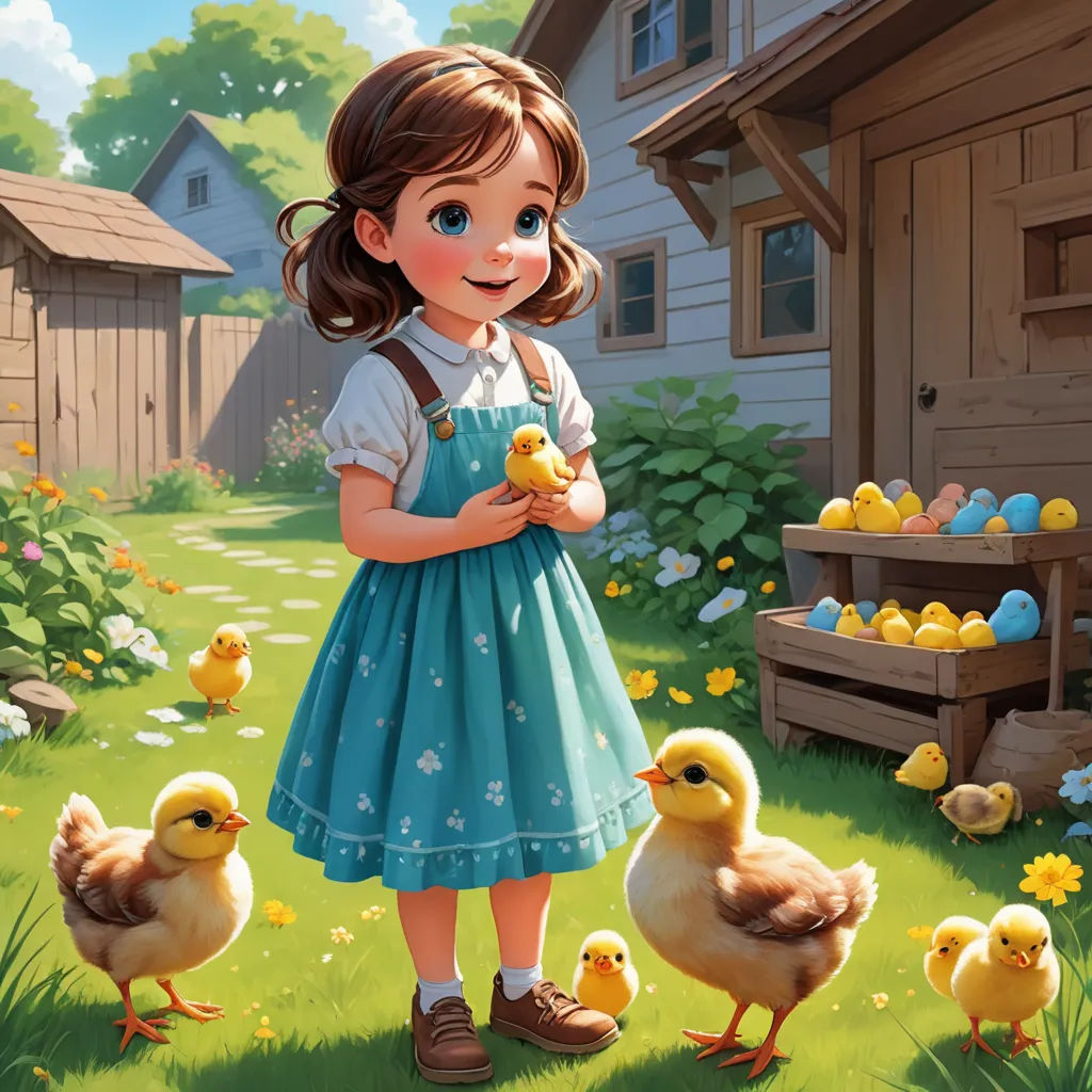 a little girl standing in the grass with ducks and chickens in front of her and a house in the background, american scene painting, a storybook illustration, Anne Said, rossdraws global illumination