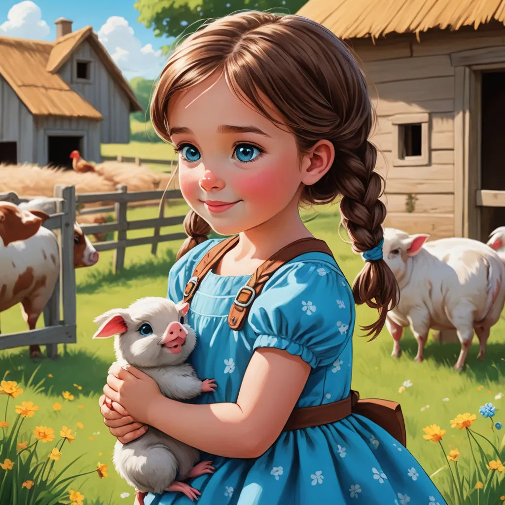 a little girl holding a lamb in a field of grass and flowers with a barn in the background and a fence in the foreground, sots art, a storybook illustration, Clarice Beckett, cgstudio