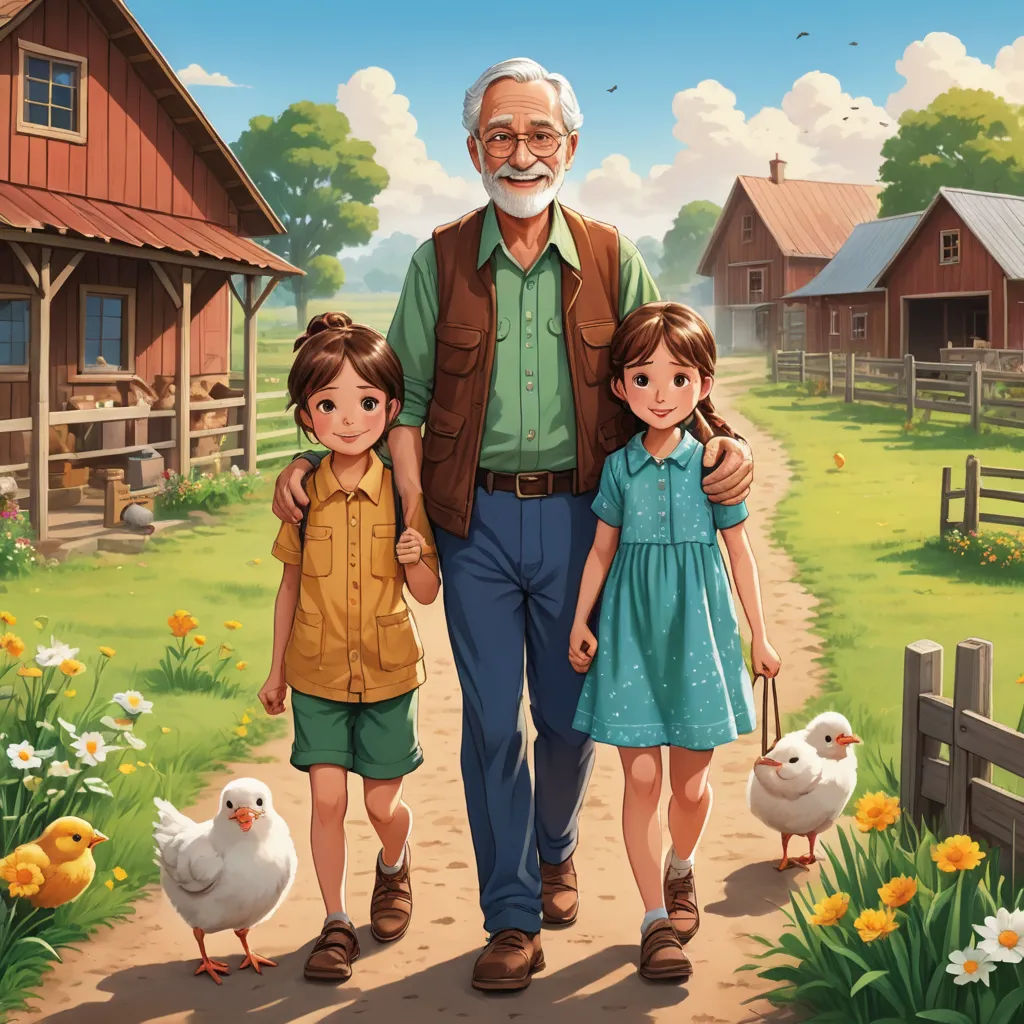 a man and two children are walking down a path in a farm yard with chickens and chickens behind them, american scene painting, a storybook illustration, Bob Byerley, official art