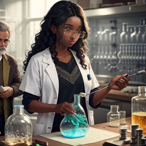 a woman in a lab coat is holding a beakle with liquid in it and a man in a lab coat is looking at the glass