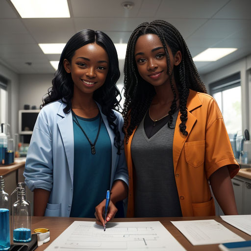 two women standing next to each other in a lab with a paper on the table and a bottle of blue liquid