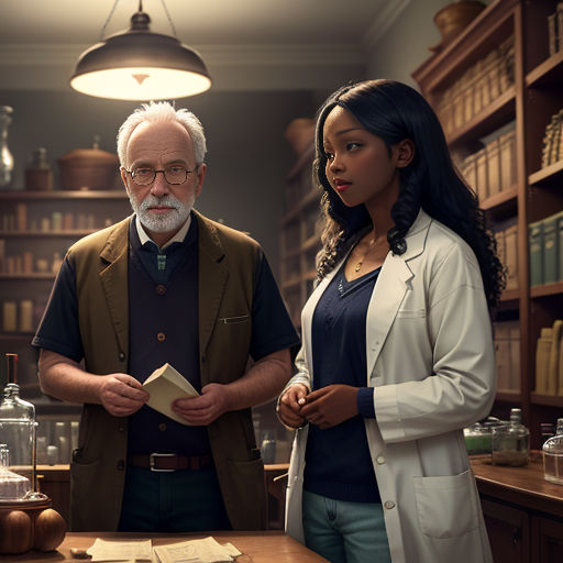 a man and a woman standing in a library with books and a book in front of them and a man holding a book