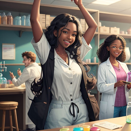 a group of women standing around a counter in a lab area with bottles and a beaker in the air
