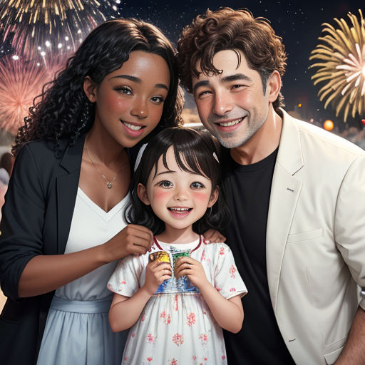 a man and a woman pose for a picture with a child and fireworks in the background at night time