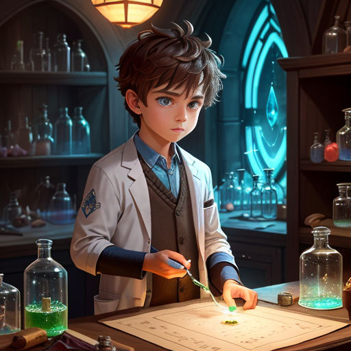 a boy in a lab with a lot of glass bottles and a paper with writing on it and a light bulb above him