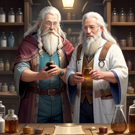 two old men standing next to each other in a room with bottles and jars on the table and a phone in front of them
