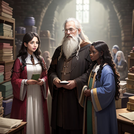 a group of people standing in a room with books on the shelves and a man with a long white beard