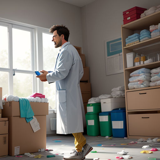 a man in a lab coat standing in a room with boxes and other items on the floor and a window