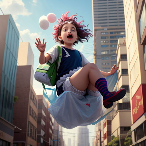 a girl is flying through the air with a bag on her back and a backpack on her shoulder and a ball in her hand