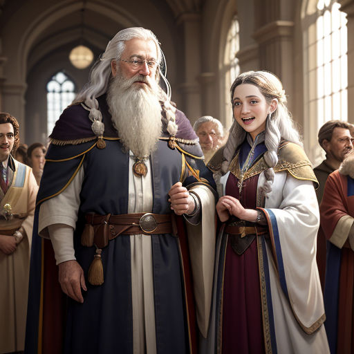 a group of people dressed in medieval costumes standing in a hall with a man in a long white beard