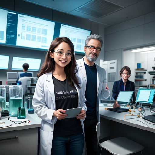 a man and a woman in a lab with a tablet computer and a laptop computer on a desk with a monitor