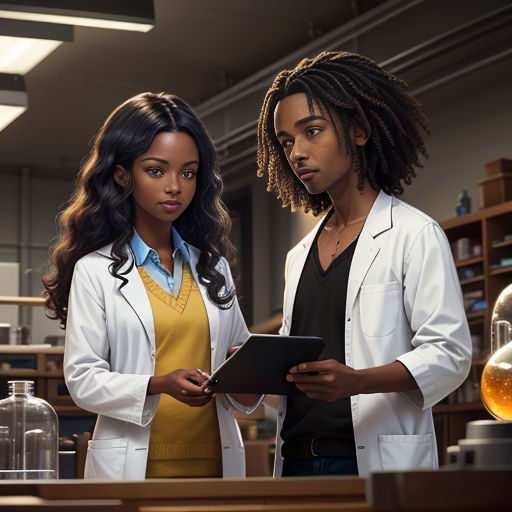 two women in lab coats looking at a tablet screen in a laboratory setting with glassware and bottles on shelves