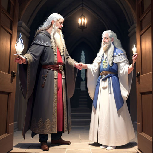 two men in robes are shaking hands in a doorway with candles in their hands and a light in their hand