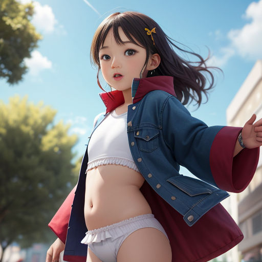 a woman in a short skirt and jacket is posing for a picture in a cartoon picture with a sky background