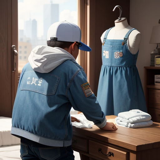 a man in a blue jacket and hat is looking at a dress on a mannequin's stand