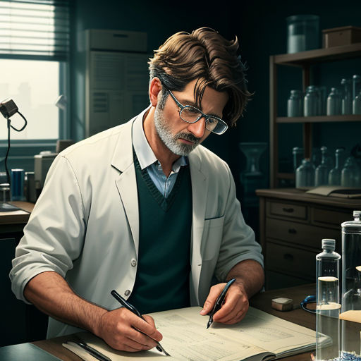 a man in a lab writing on a piece of paper with a pen and a glass bottle behind him