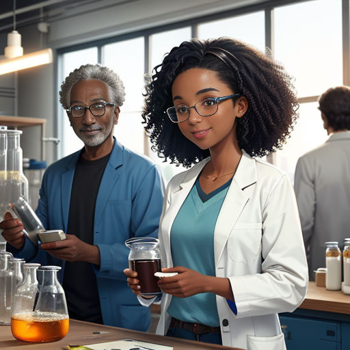 a man and woman standing in a lab holding beakers and a beaker in their hands and looking at a tablet
