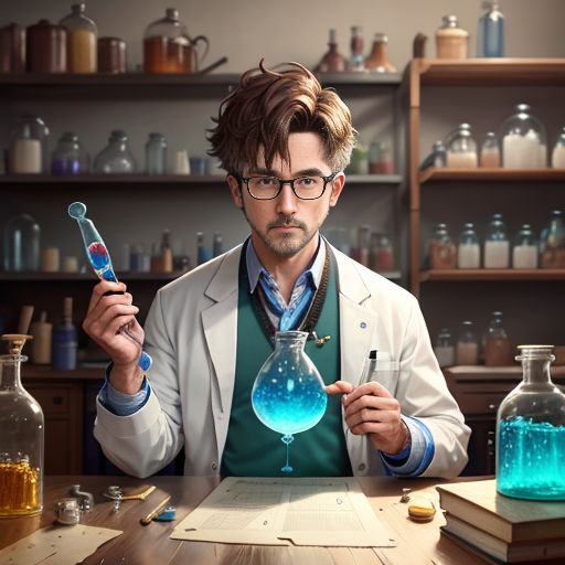 a man holding a flask and a beakle with blue liquid in it in a laboratory setting with other flasks