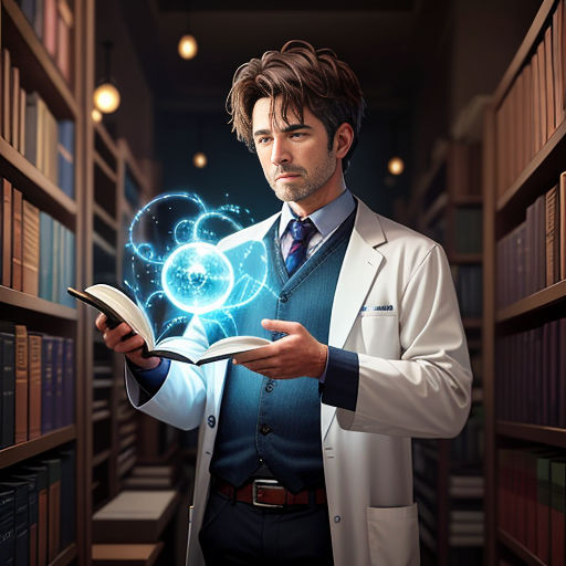a man in a library holding a book and looking at it with a glowing light coming out of it