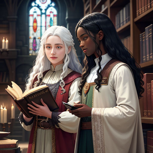 a couple of women standing next to each other in a library holding a book and a book in their hands
