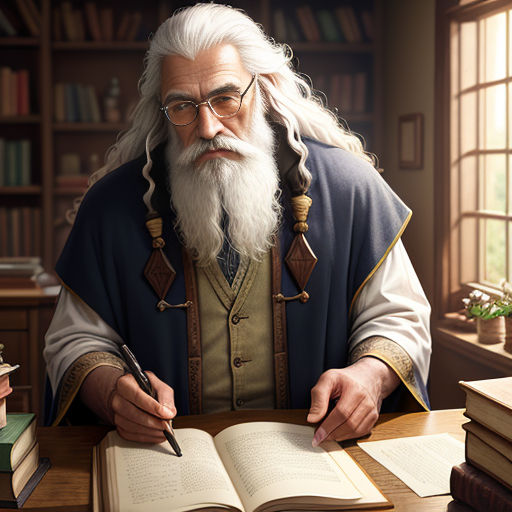 a man with a long white beard sitting at a desk with a book and pen in his hand and a book in front of him
