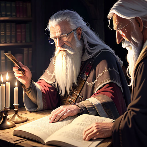 a man sitting at a table with a book and a candle in front of him and another man standing next to him