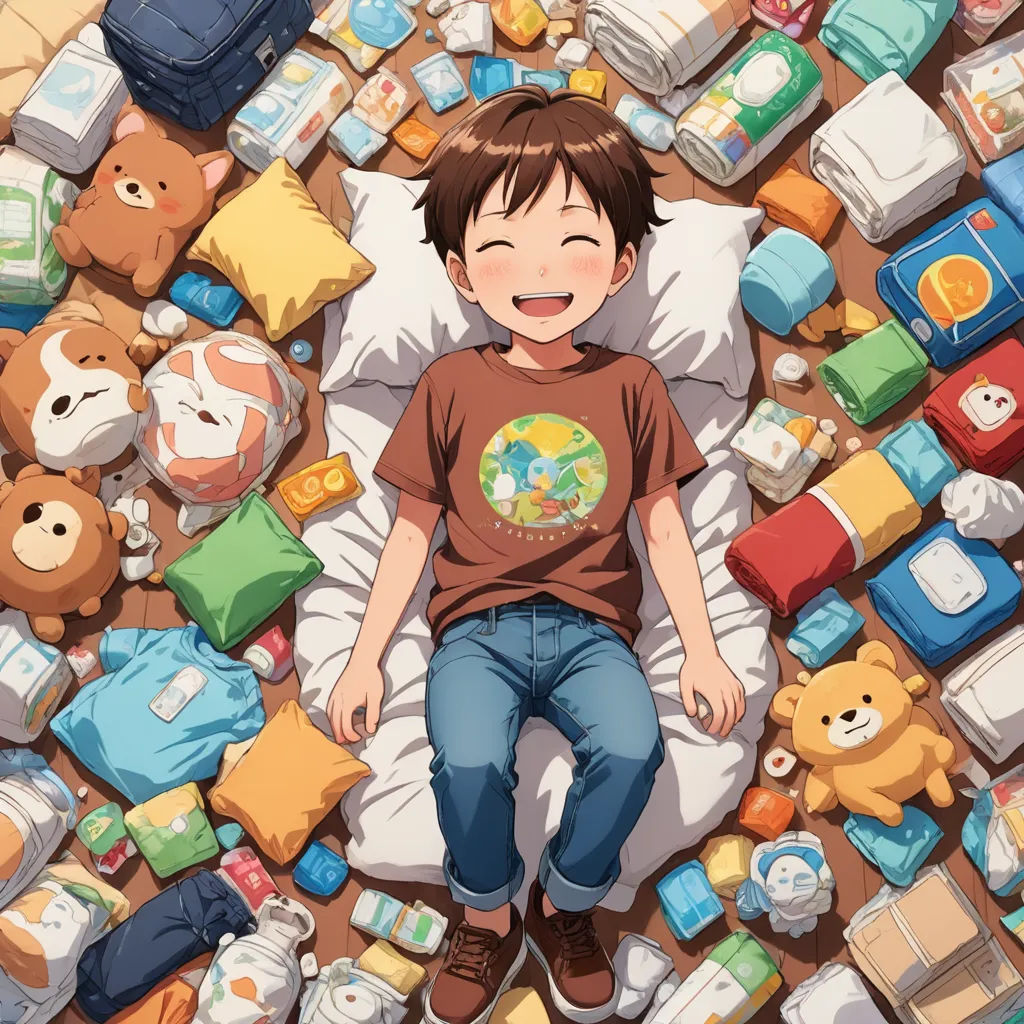 a boy laying in a bed surrounded by toys and other items in a pile of luggage and boxes on the floor, remodernism, a character portrait, Dan Content, official art