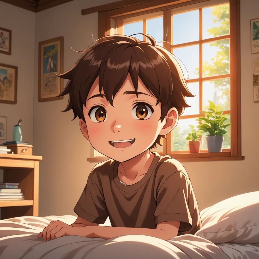 a boy is sitting on a bed in a room with a window and a plant in the corner of the room, sots art, concept art, Adam Manyoki, official art