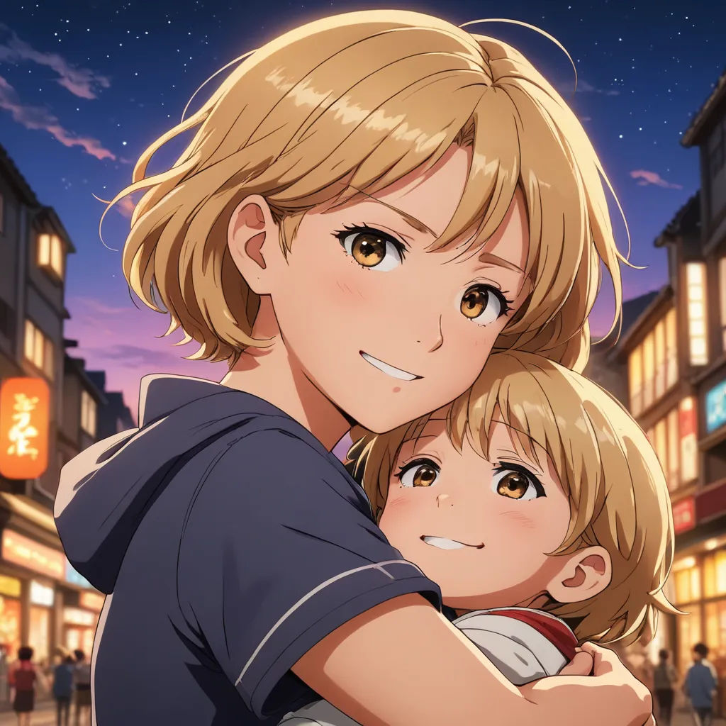 a man and a woman hugging in front of a city at night with the sky in the background and a full moon, rayonism, a photocopy, Arent Arentsz, official art