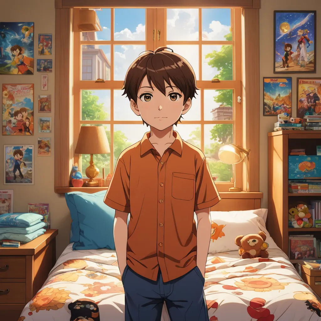 a boy standing in front of a bed in a bedroom with a window and a teddy bear on the bed, sots art, concept art, Adam Manyoki, official art