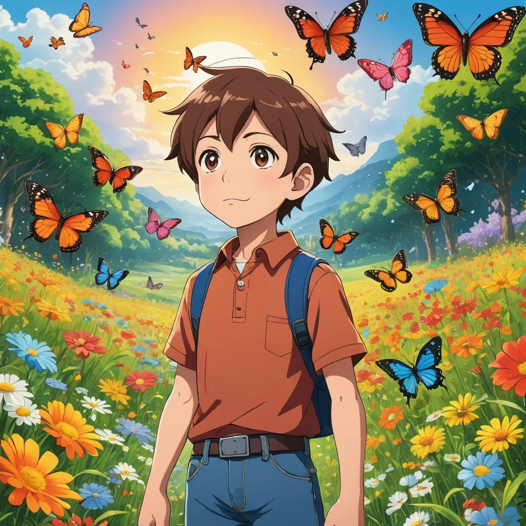 a boy in a field of flowers with butterflies flying around him and a butterfly in the sky above him, rayonism, poster art, Eizan Kikukawa, anime key visual