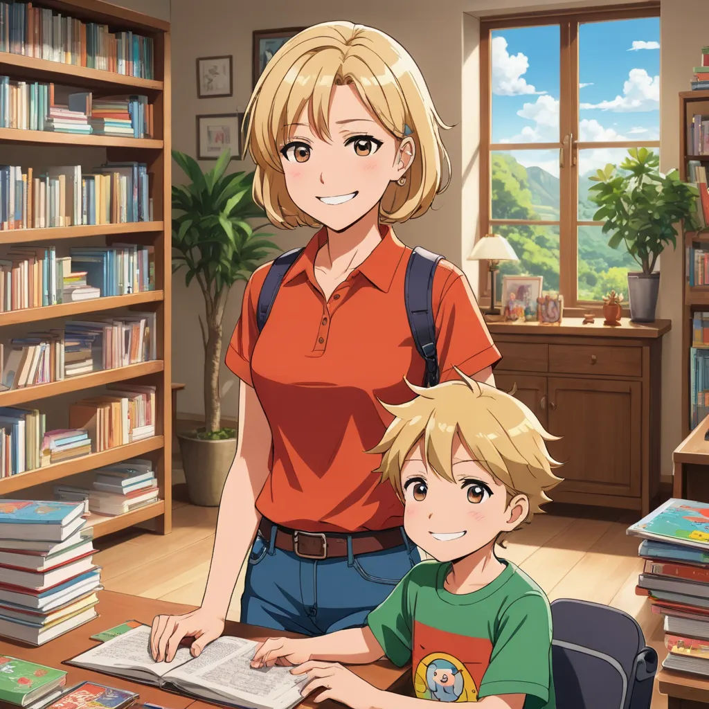 a woman and a boy are sitting at a desk in a library with books on the shelves and a bookcase, remodernism, computer graphics, Anne Said, official art