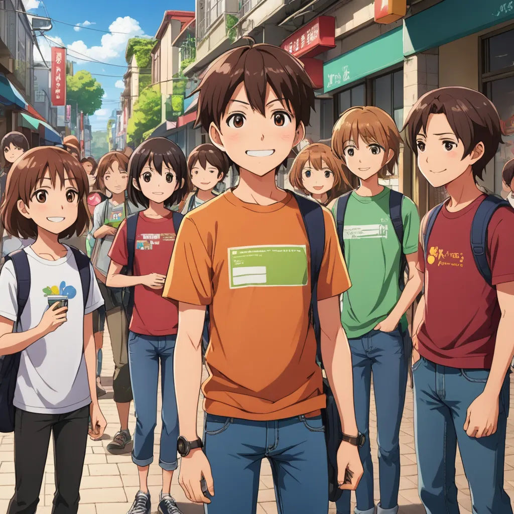 a group of people standing on a street next to each other in front of a crowd of people wearing red shirts, rayonism, concept art, Ai-Mitsu, official art