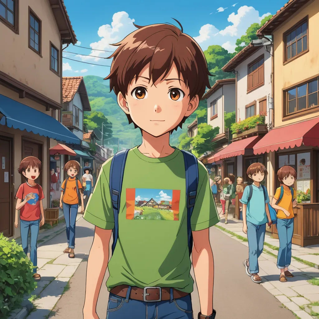 a boy in a green shirt is standing in the street with other people walking by him and a woman in a green shirt is standing behind him, photorealism, concept art, Ai-Mitsu, official art