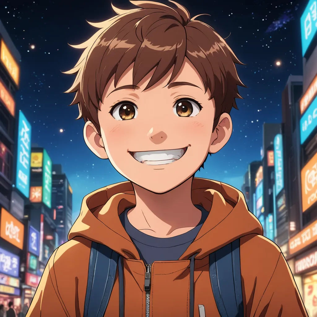 a boy in a city at night with a smile on his face and a cityscape in the background, sots art, a character portrait, Adam Manyoki, official art