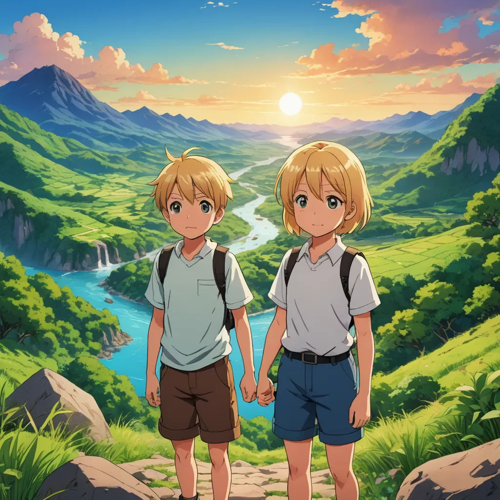 two people standing on a path in front of a mountain and river with a sunset in the background and a river running through the valley, sots art, poster art, Ai-Mitsu, anime key visual