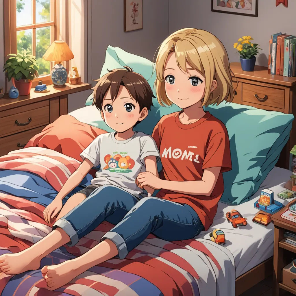 a couple of people sitting on a bed in a room with a window and a dresser with a lamp, sots art, concept art, Adam Manyoki, official art